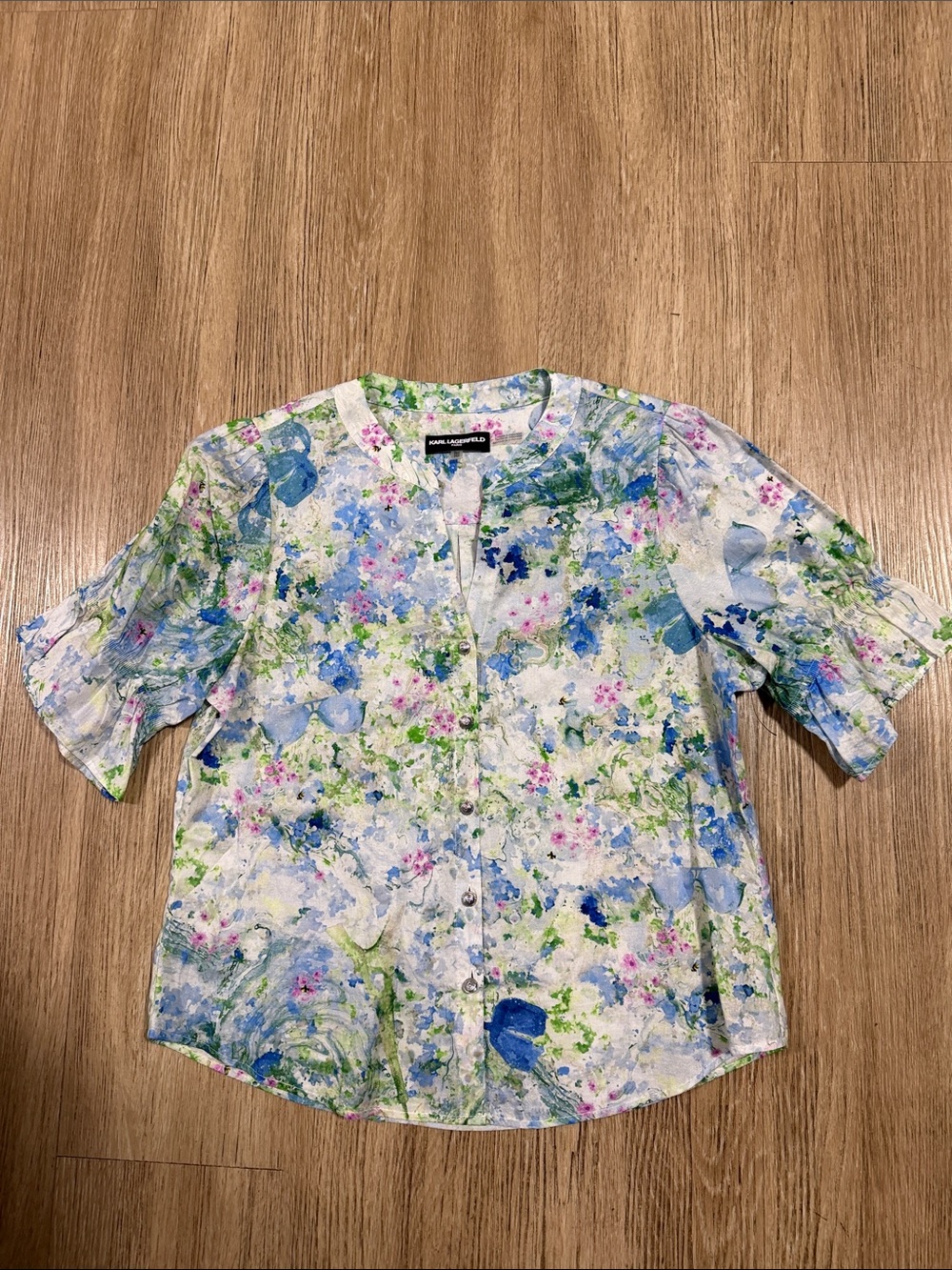 Karl Lagerfeld Blue & White Floral Button-Front Blouse PM